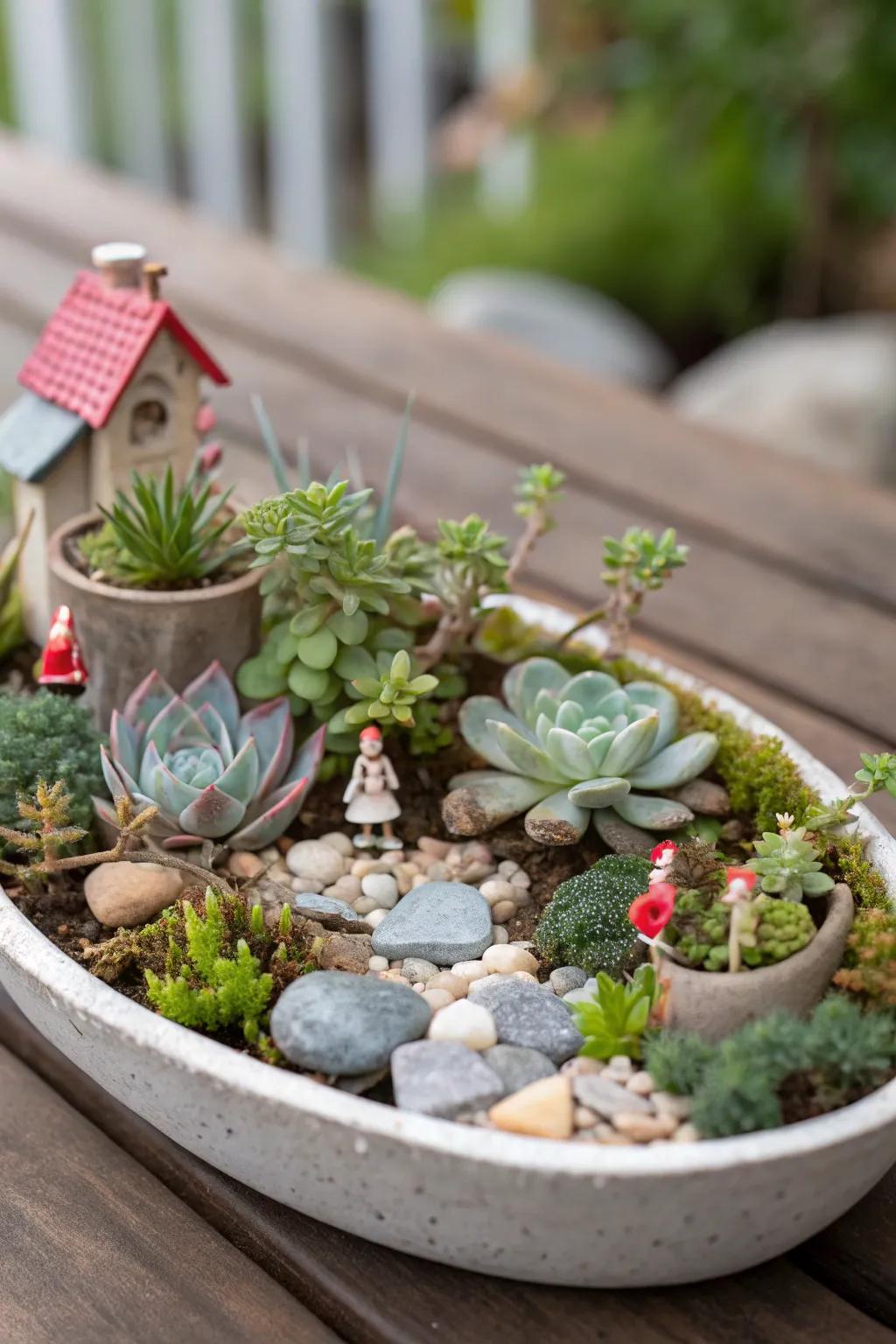 An eccentric miniature garden composed of succulents and minuscule figurines.