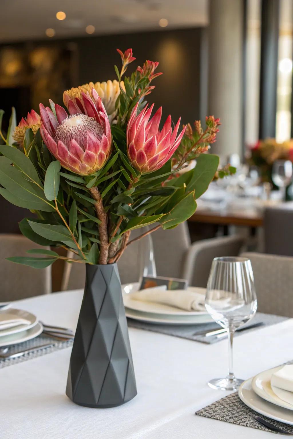 Bold protea centerpiece making a striking impact.