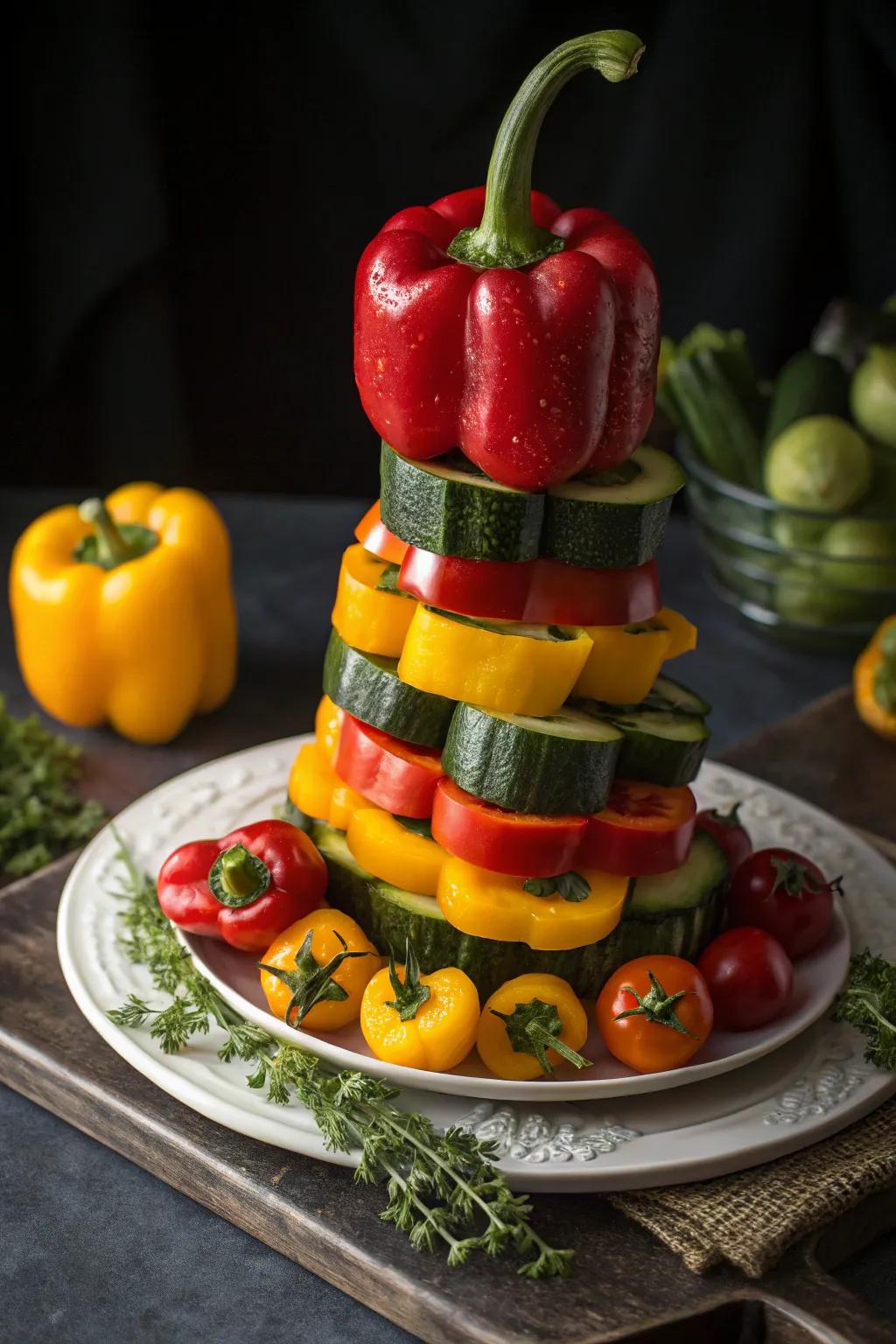 Strong vegetable pyramid creating a dramatic focus.
