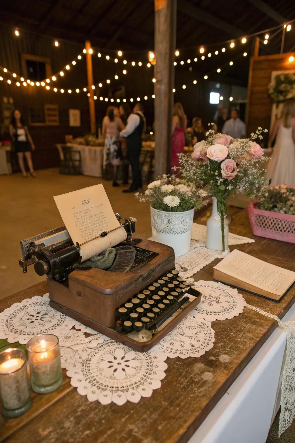 A typewriter guest book capturing messages.