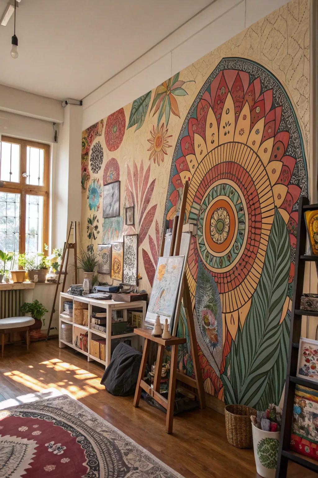 Fill your space with creativity with a bohemian mural in your studio.