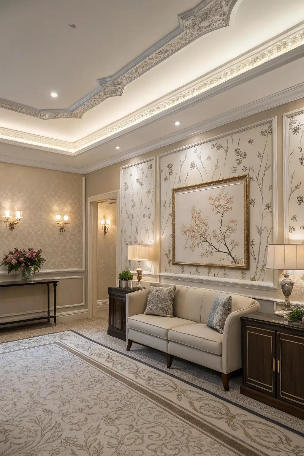 An elegant room with a subtle wallpaper border that enhances the decor.