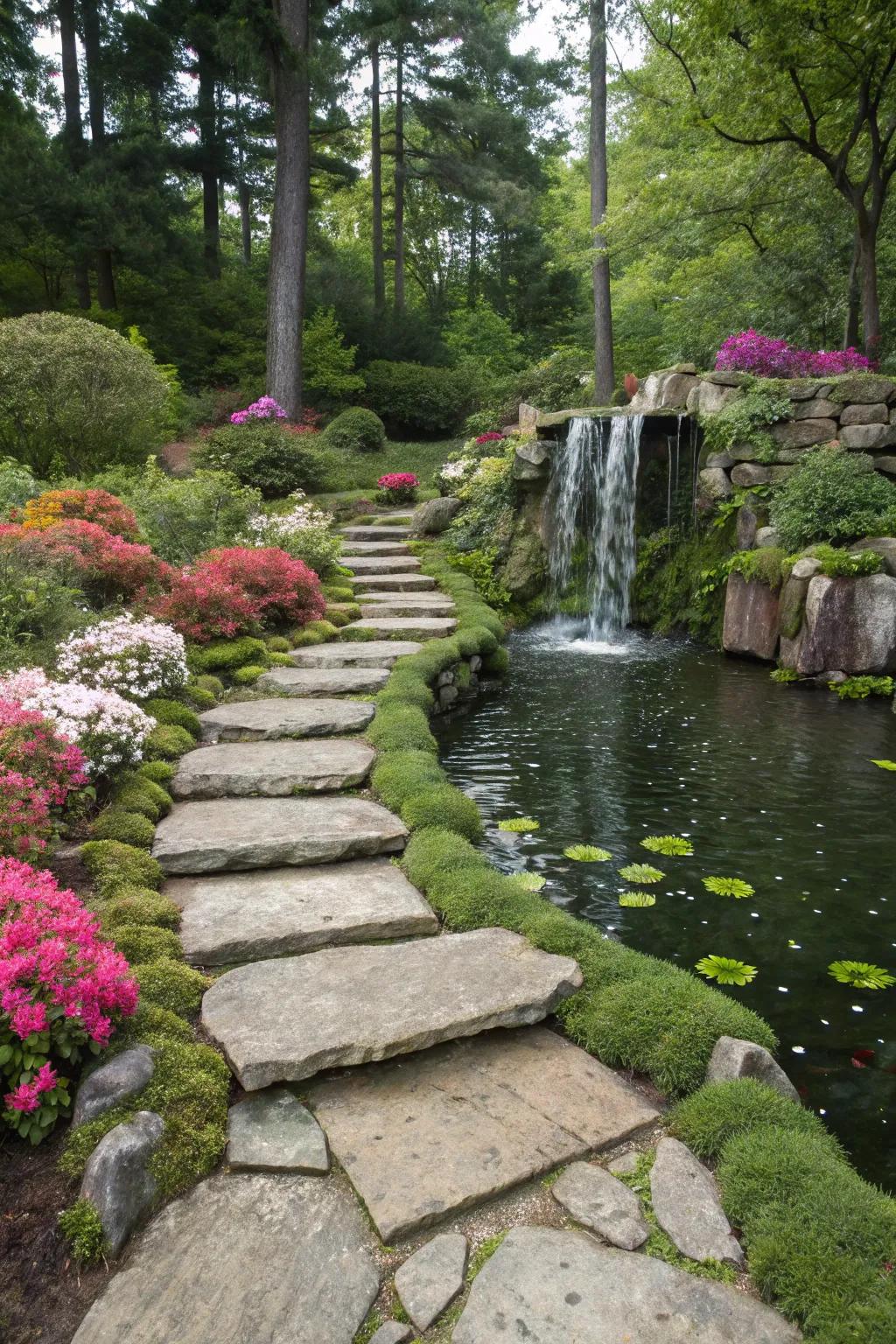 A playful rock pathway leading to a charming garden water feature.