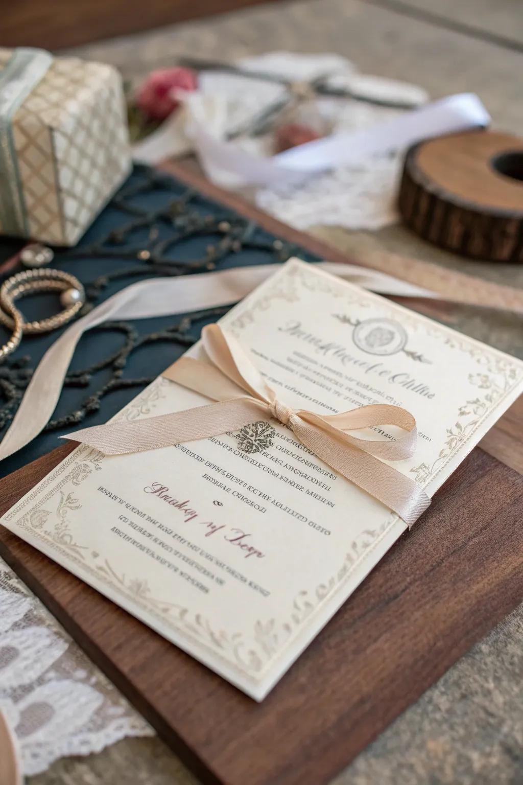 Creative placement of ribbon on a wedding invitation.