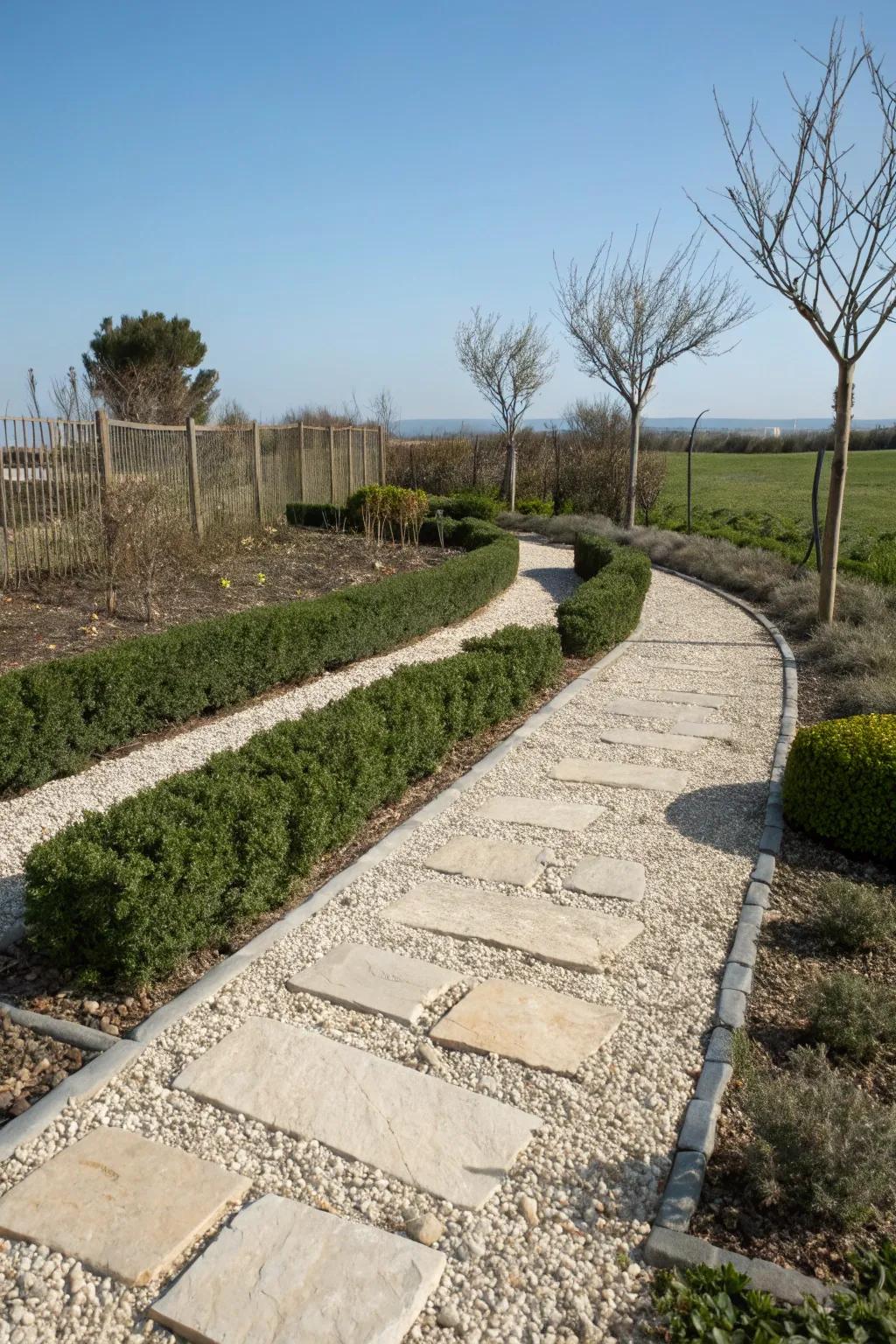 Fine gravel offers a sleek and minimalist option for stone pathways.