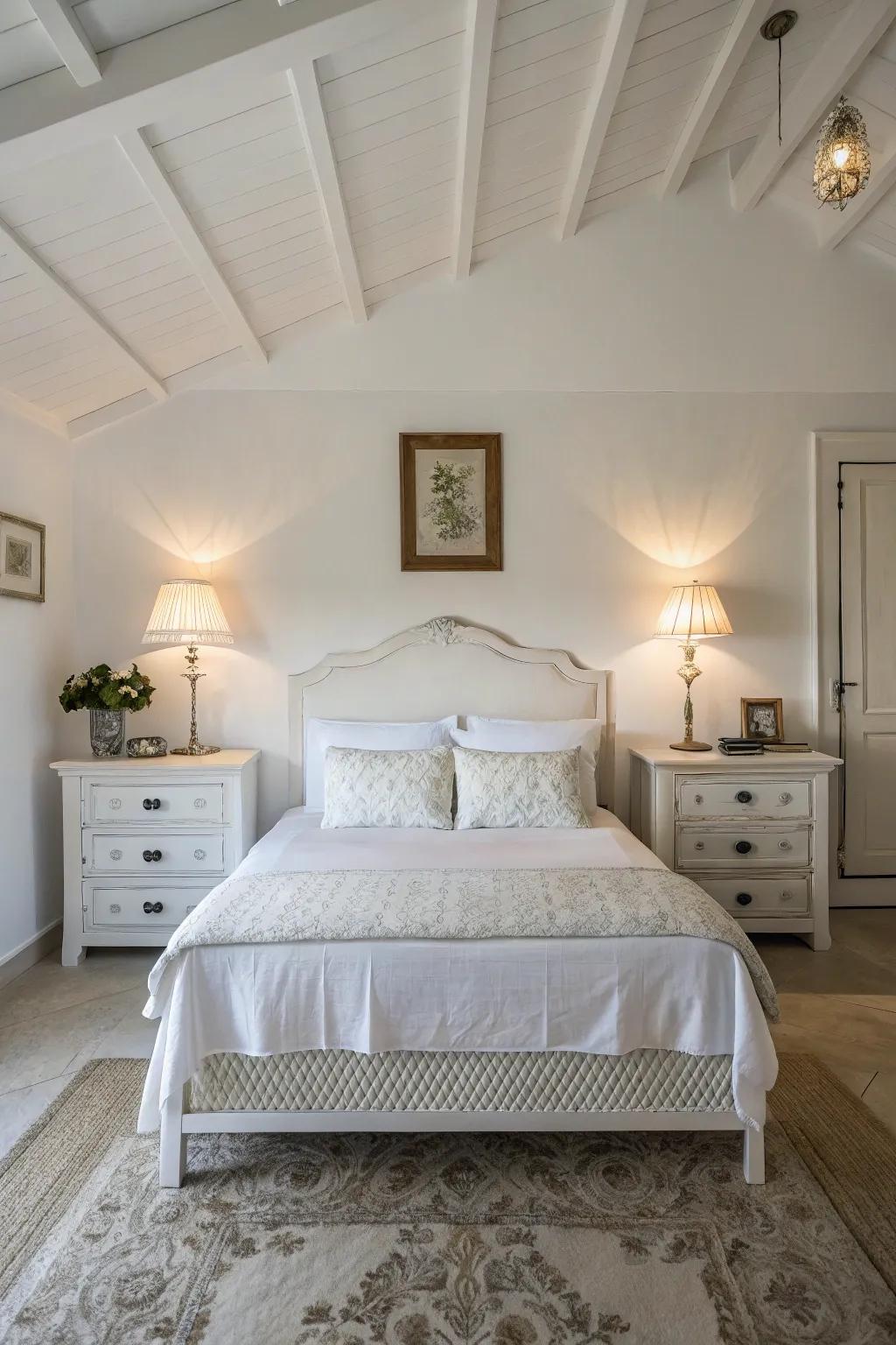 Balanced arrangements fashion harmony in a white bedroom.