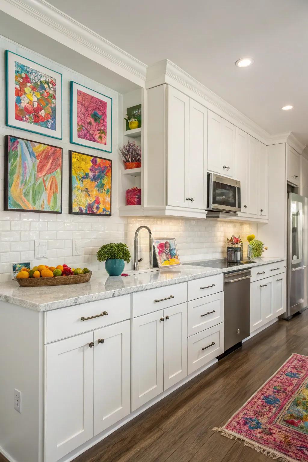 A personal and creative element is expressed through the artwork inside of white kitchens.