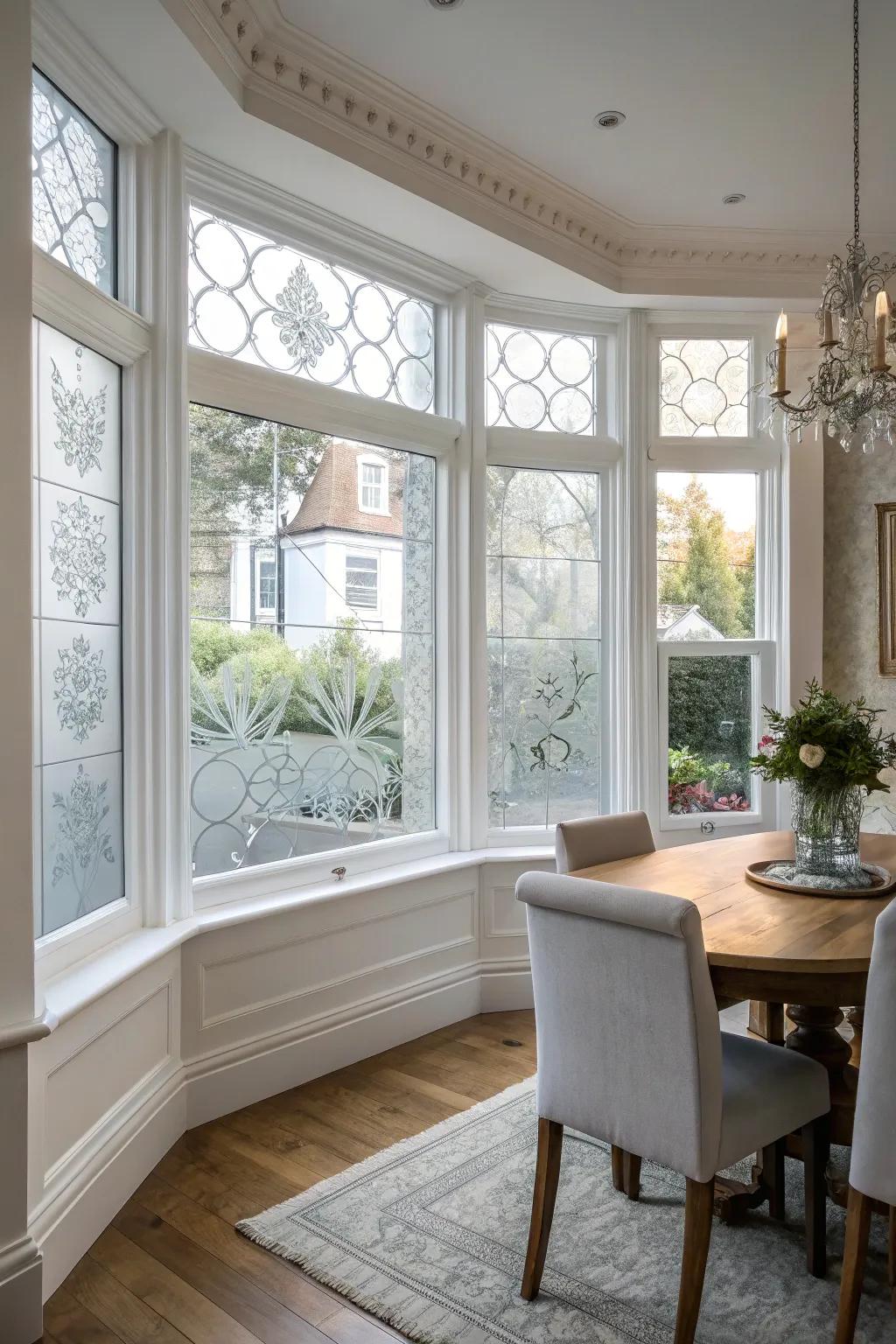 Decorative privacy glass adds style and privacy.