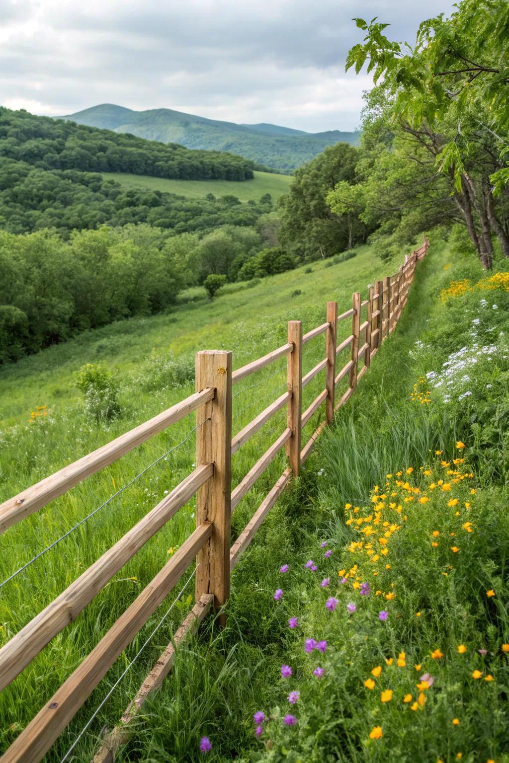 An eco-friendly fence featuring sustainable materials in a lush setting.