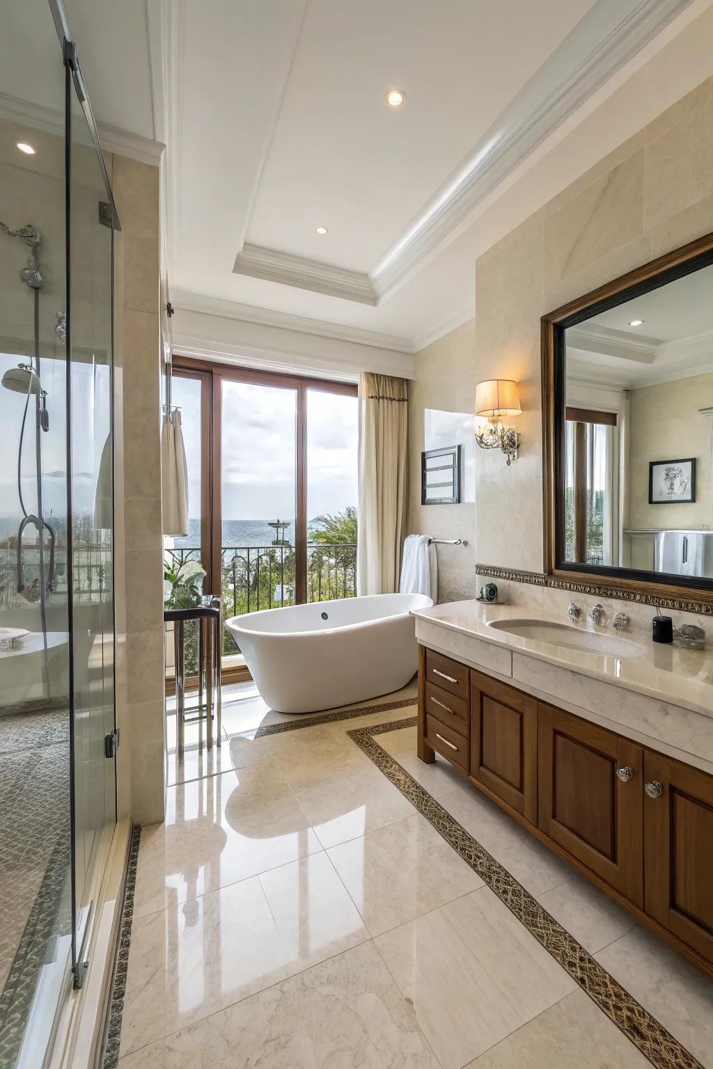 Reflective surfaces enhancing brightness in the bathroom.