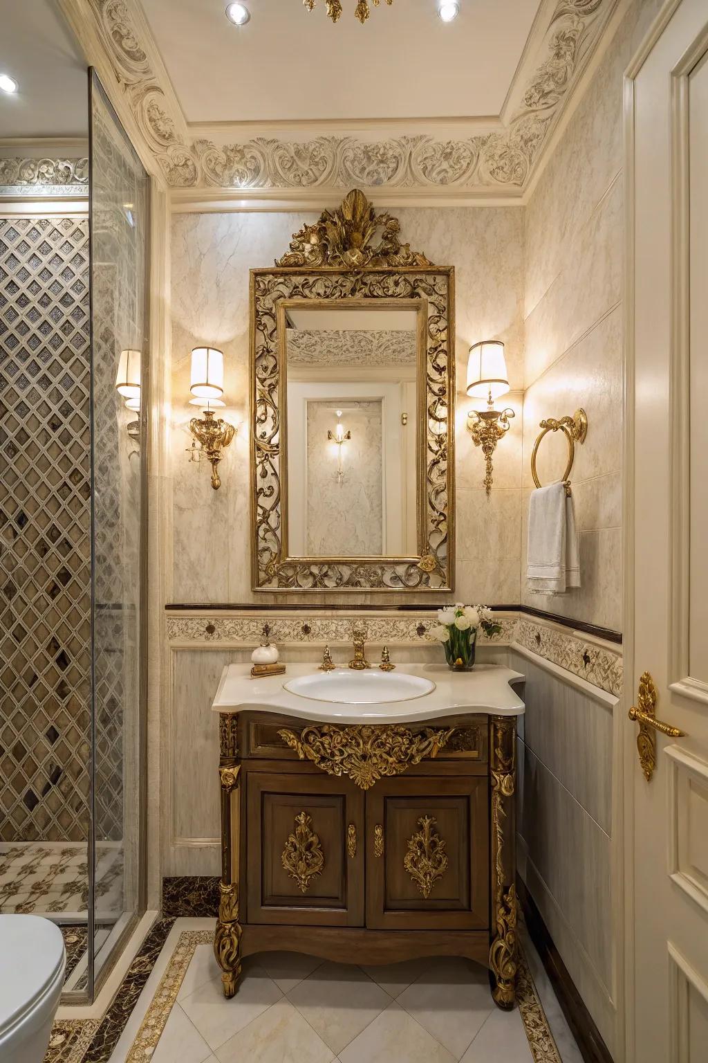 An ornate mirror amplifies the feeling of space in a powder room.