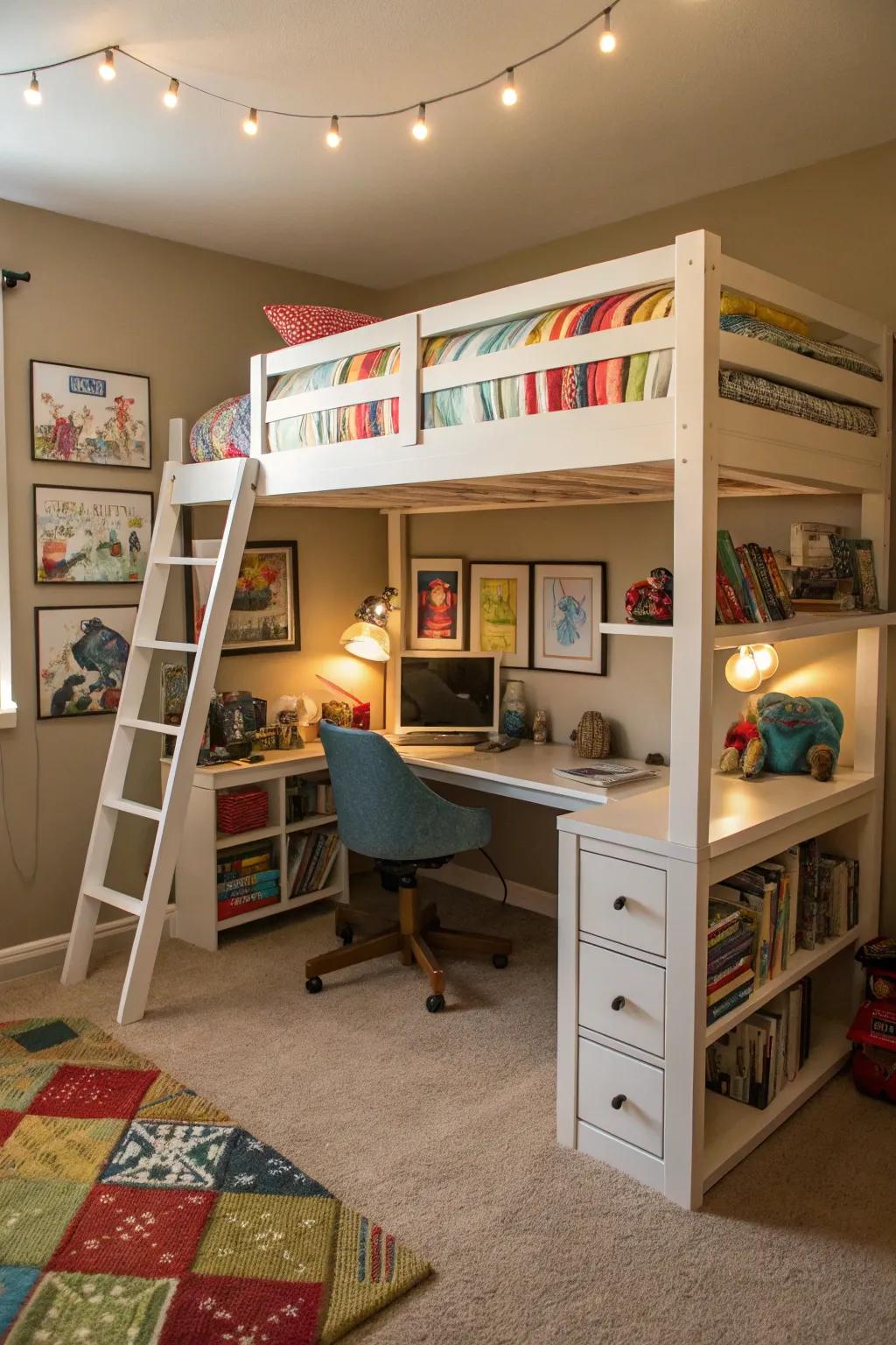 An elevated bed makes the most of space, providing room for both play and study.