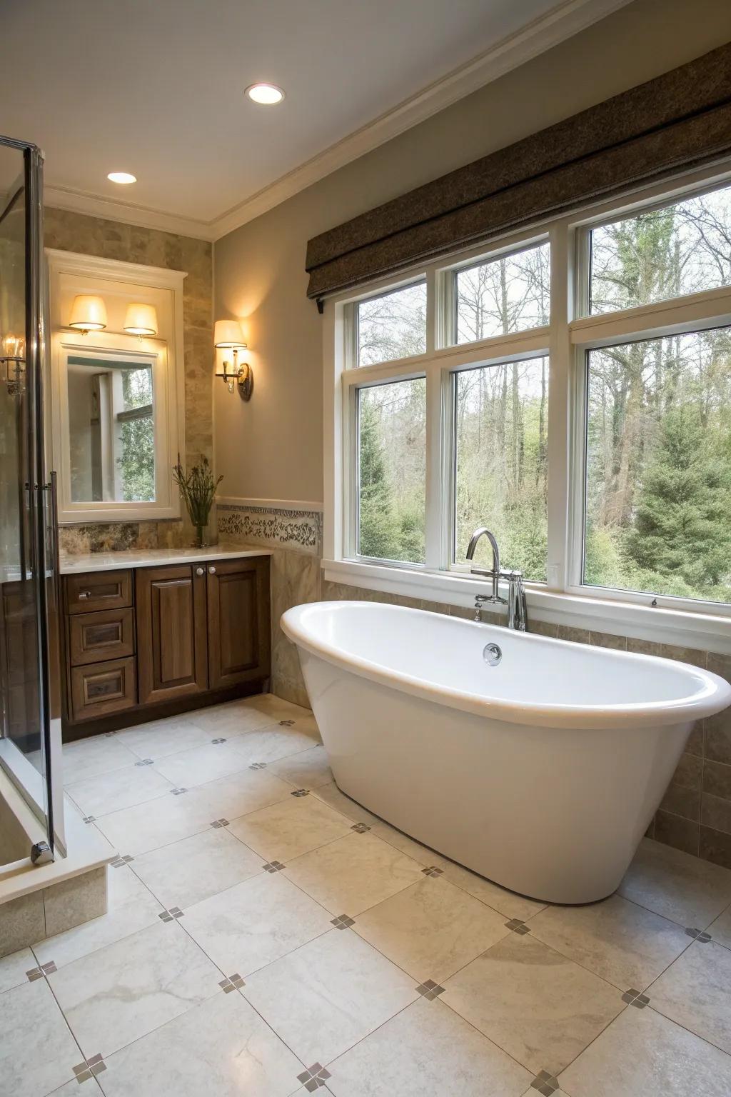 Standalone tub placed adjacent to a window for a spa-like centerpiece.