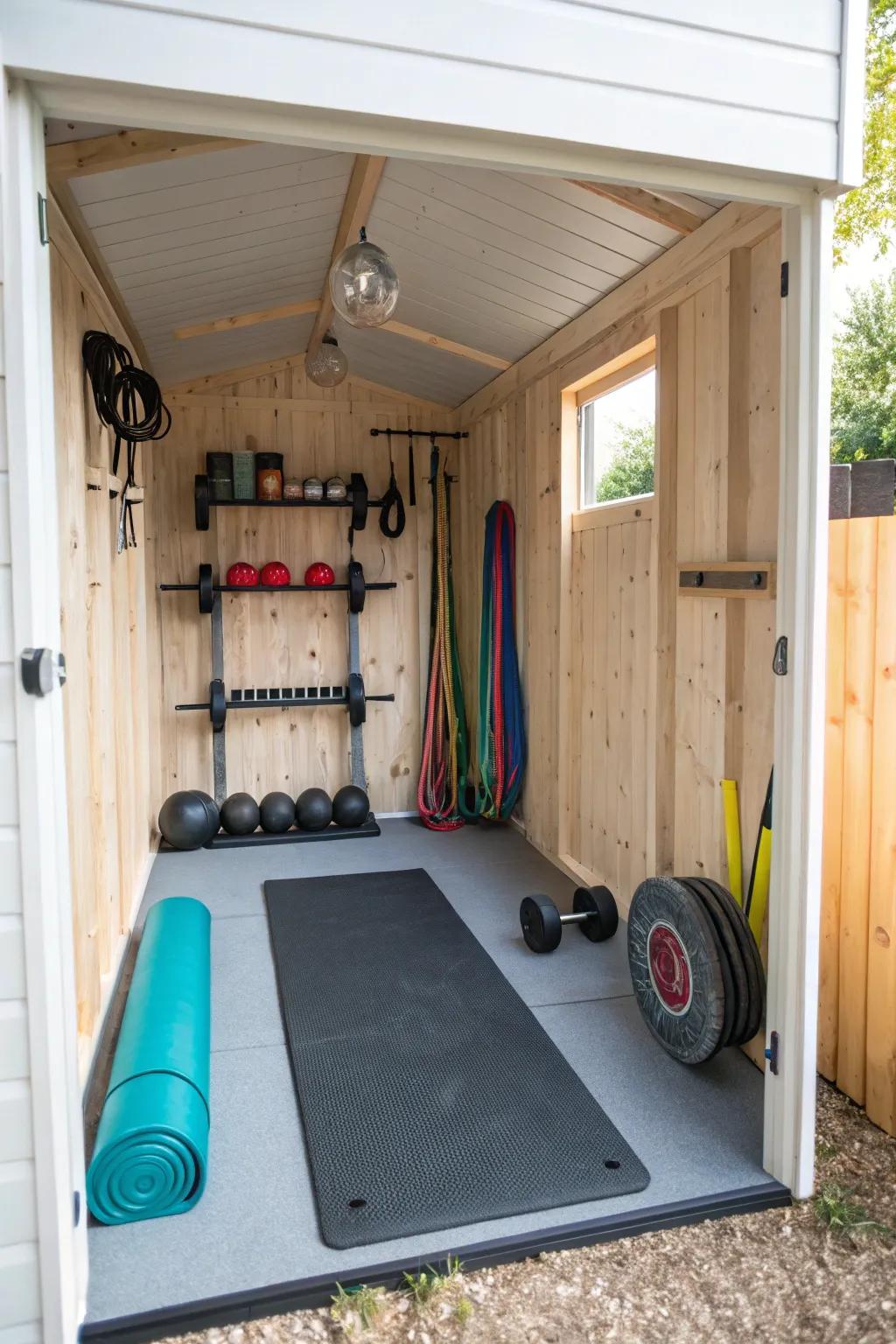Your shed can easily be transformed into a personal gym for hassle-free workouts.