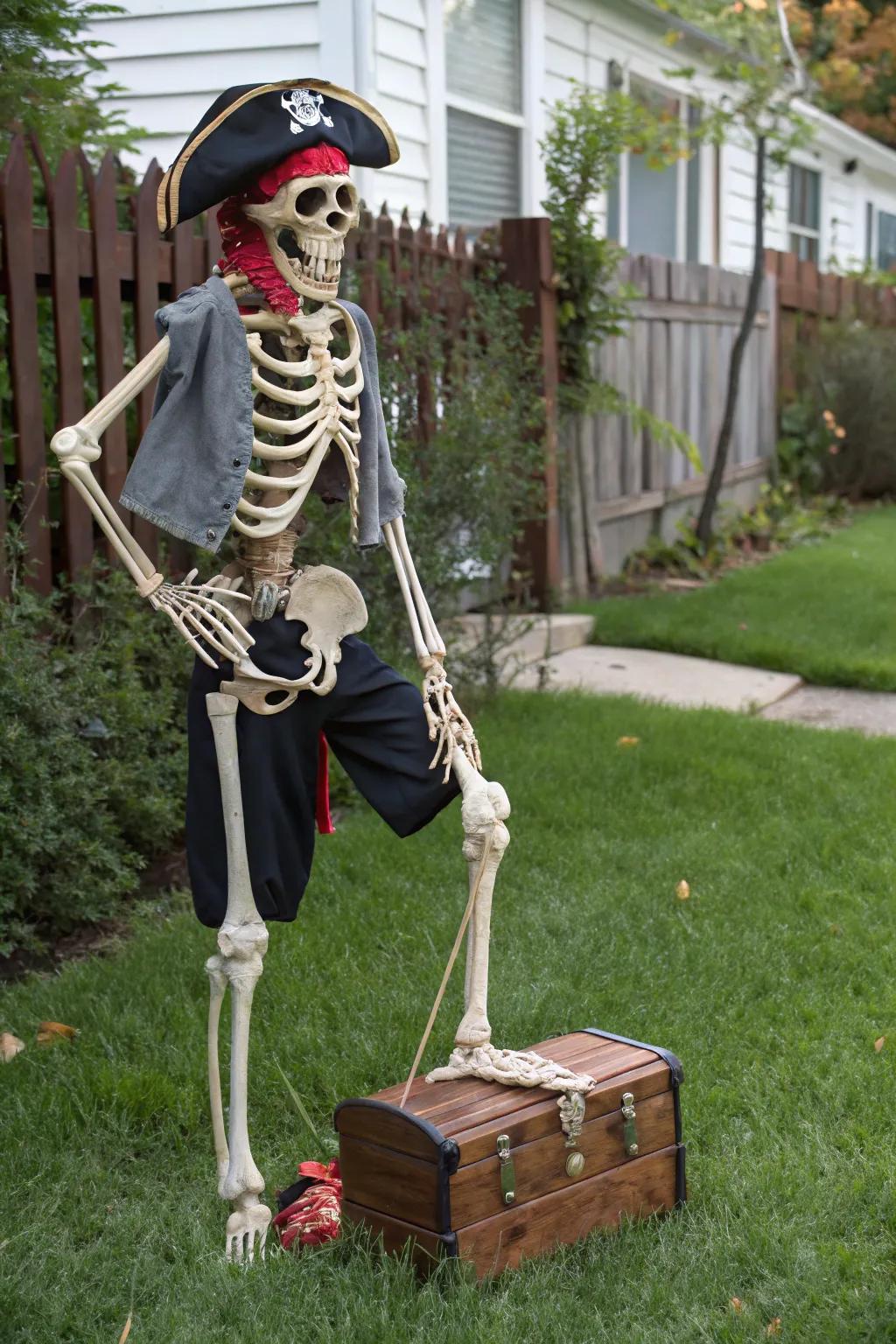 A pirate-themed skeleton geared up to sail the Halloween seas.