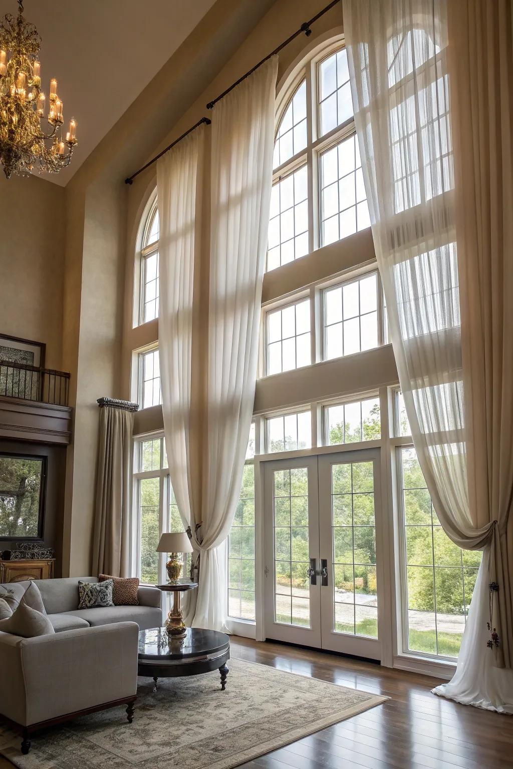 Layered window treatments add dimension and sophistication to tall windows.