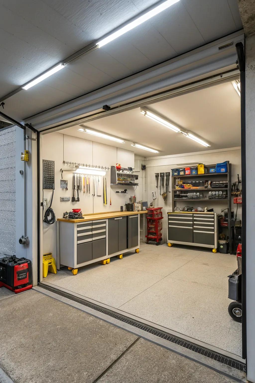 Bright lighting enhances safety and functionality in your garage.