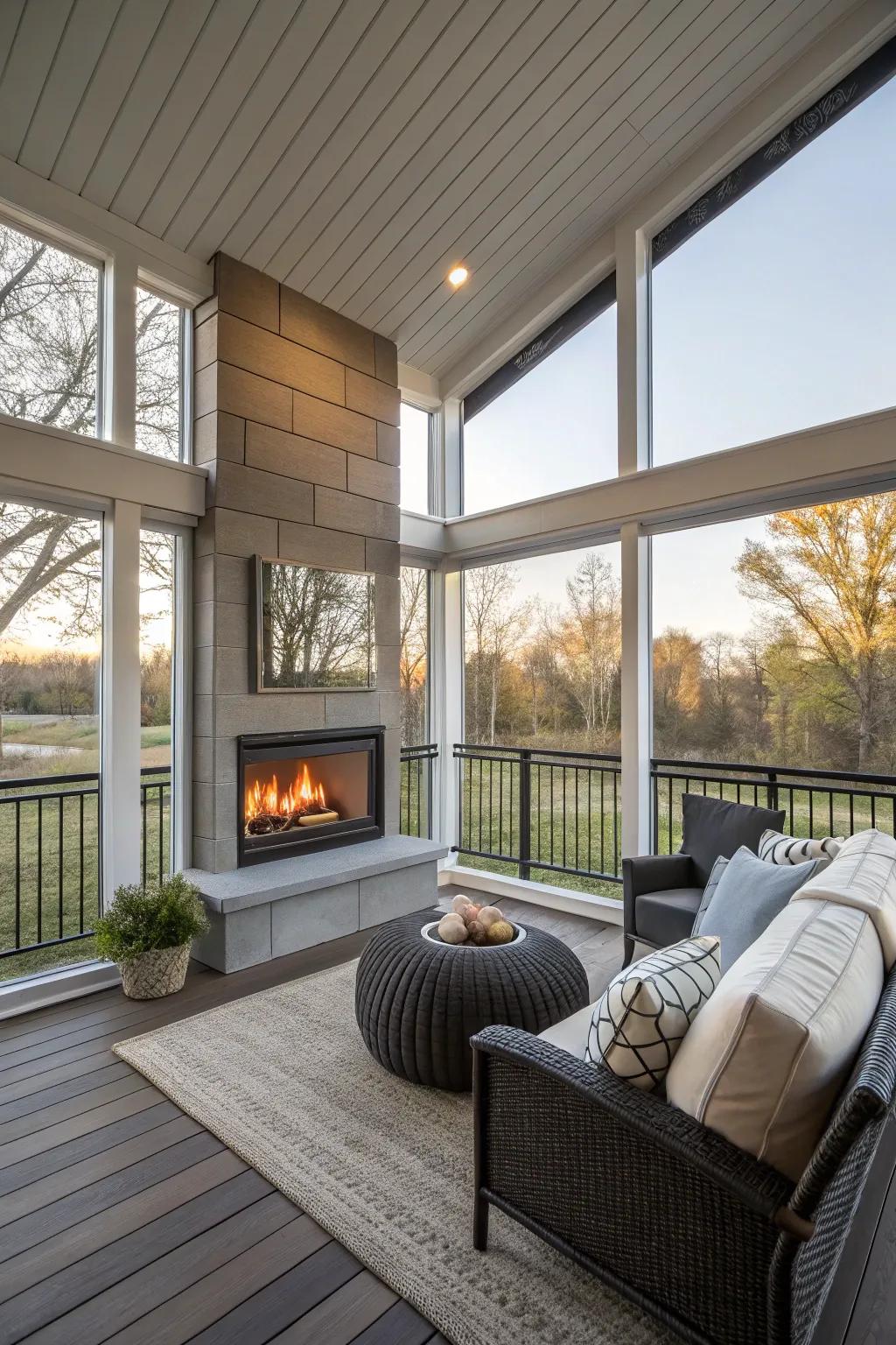 A stylish gas fireplace adding warmth to the porch.