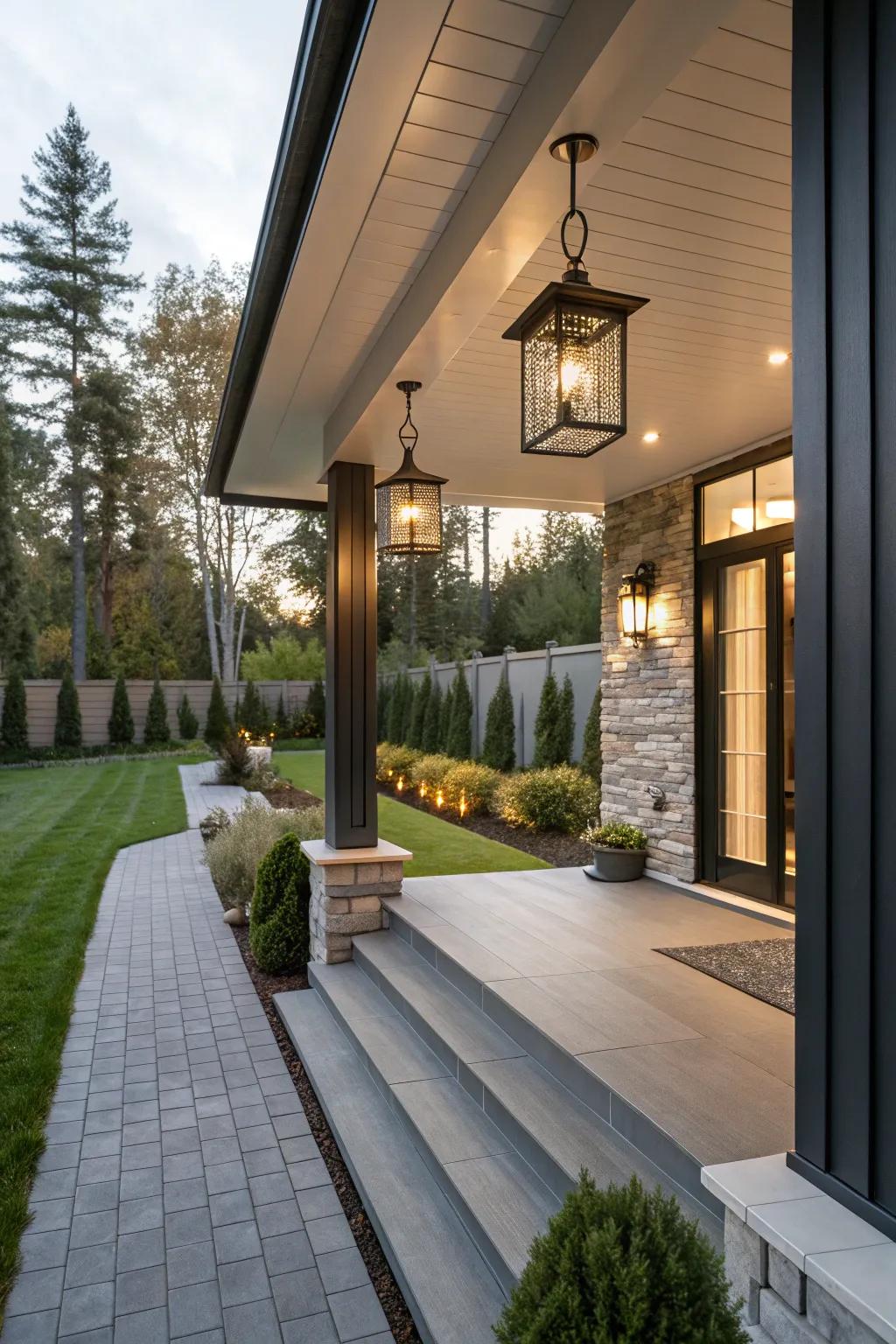 Stylish lighting elevates the modern atmosphere of your porch.