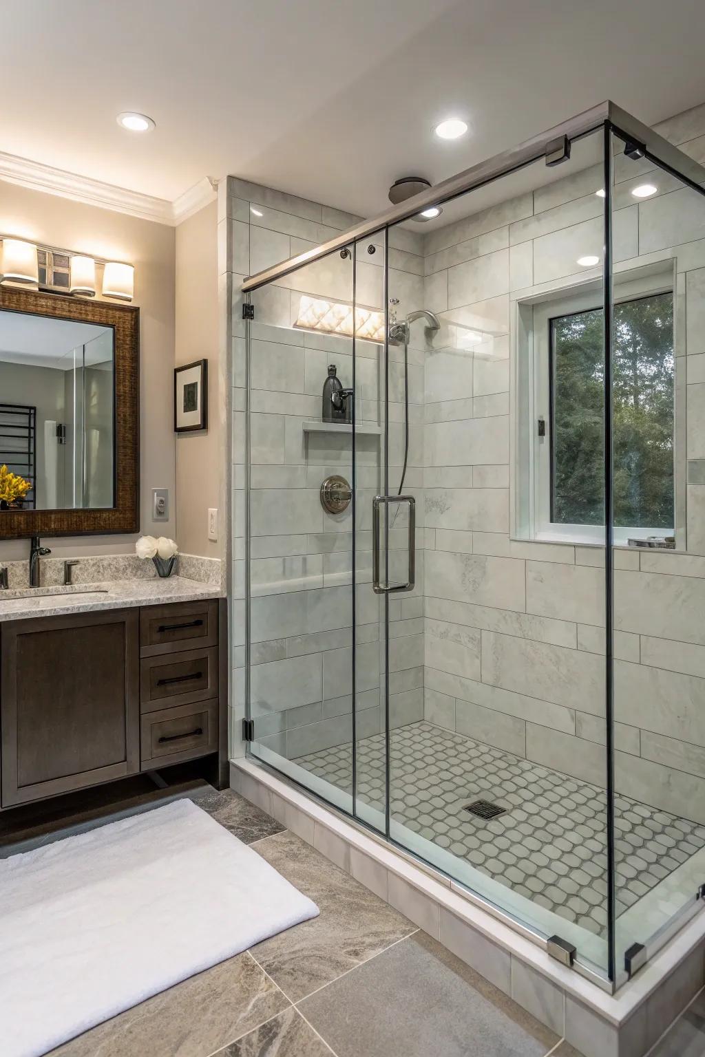 A frameless glass panel enhances the open feel of a small shower.