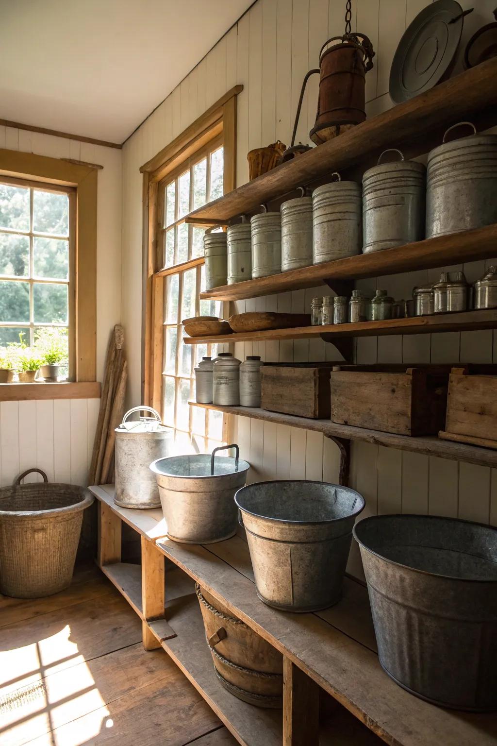Vintage cans add a rustic allure to innovative water storage.
