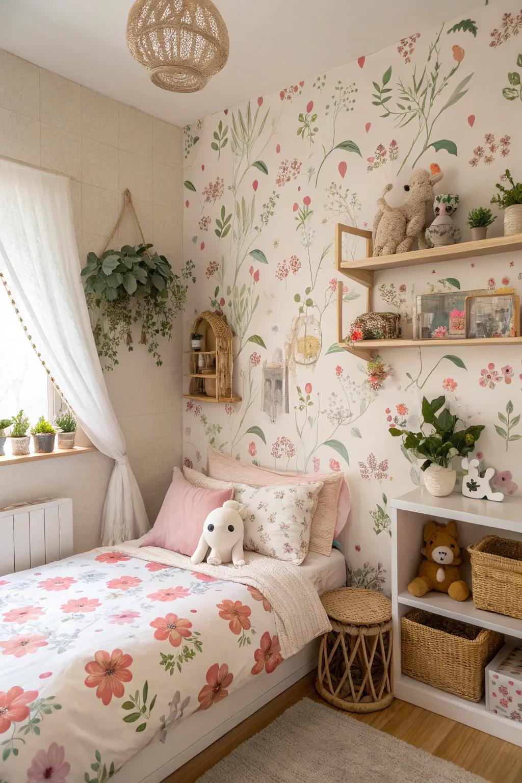 A tranquil bedroom emphasizing flora and earthy themes, ideal for achieving a touch of calmness.