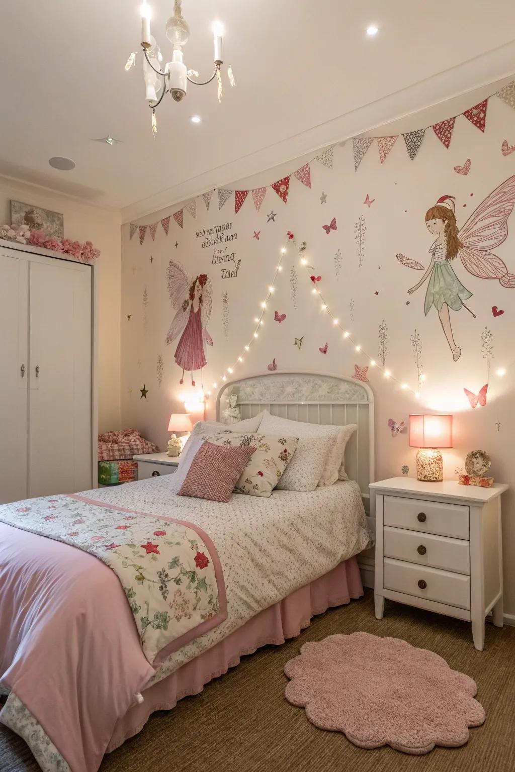 Themed design aspects, such as sprites, contribute a personalized detail to the bedroom.