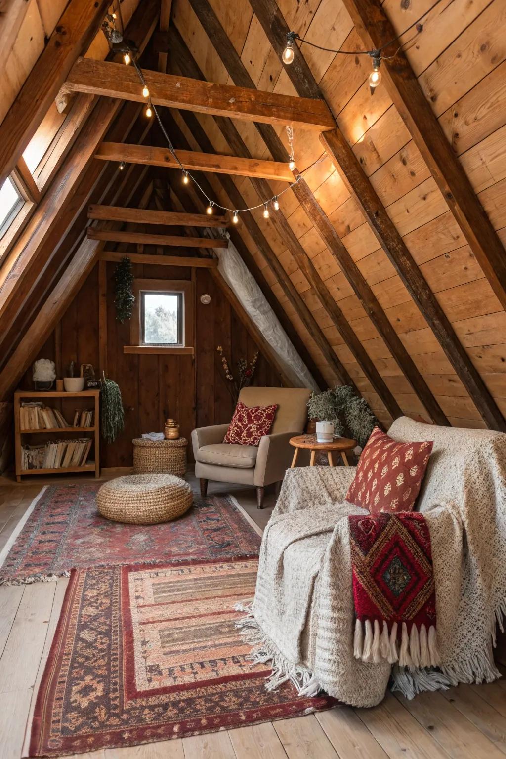 Prominent wooden supports infuse rustic charm into your attic setting.