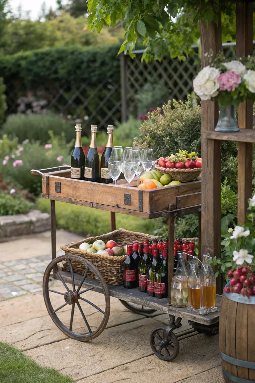 A vintage garden cart is repurposed as an attractive bar at a garden party.