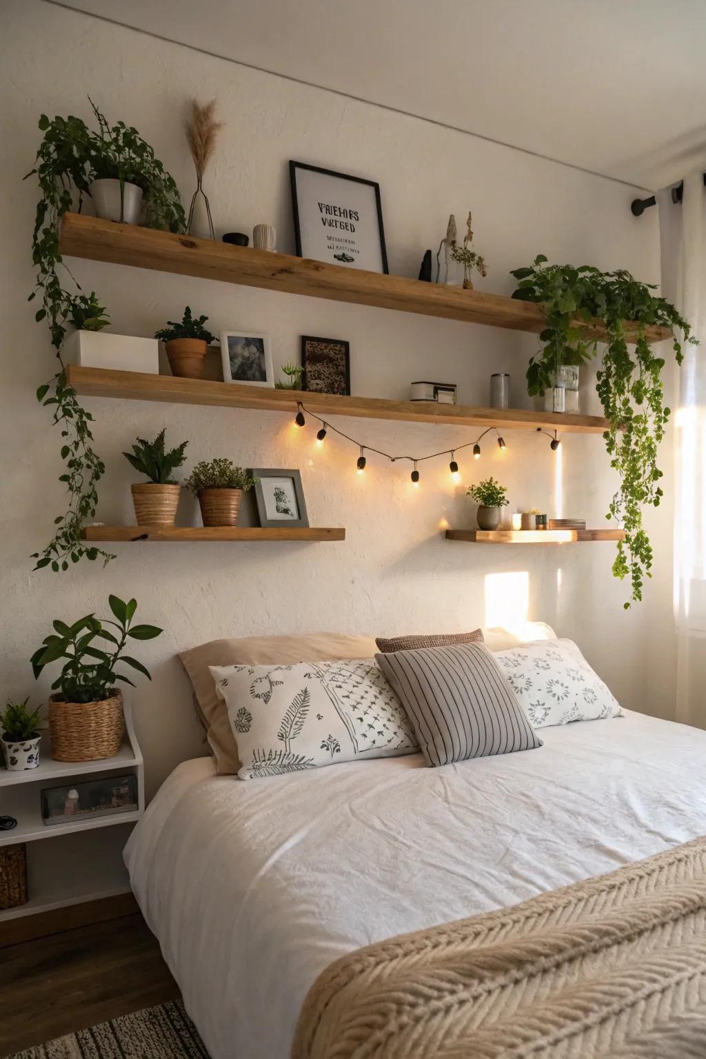 Floating shelves offer a versatile display space above the bed.