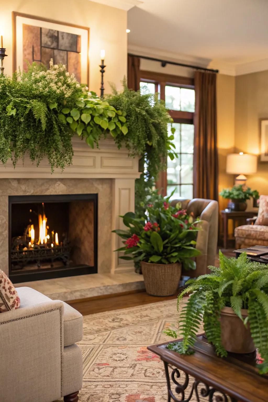 Lush foliage introduces an element of nature and freshness above the fireplace.