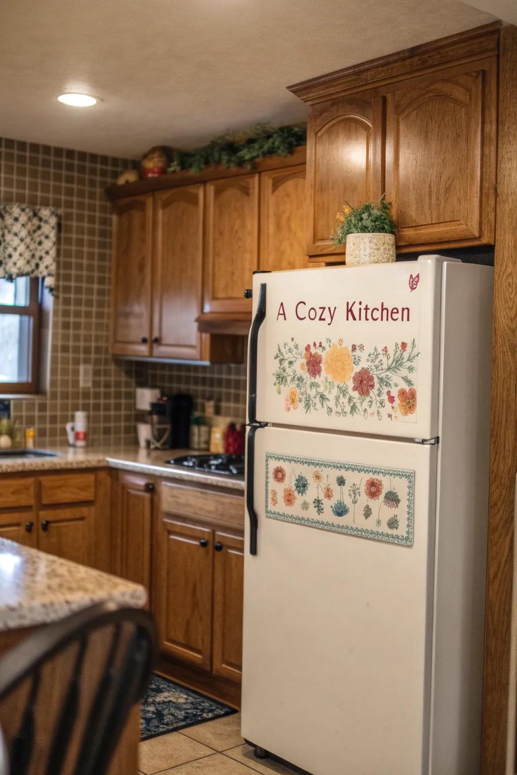 Show off your style with a decorative plaque above the fridge.