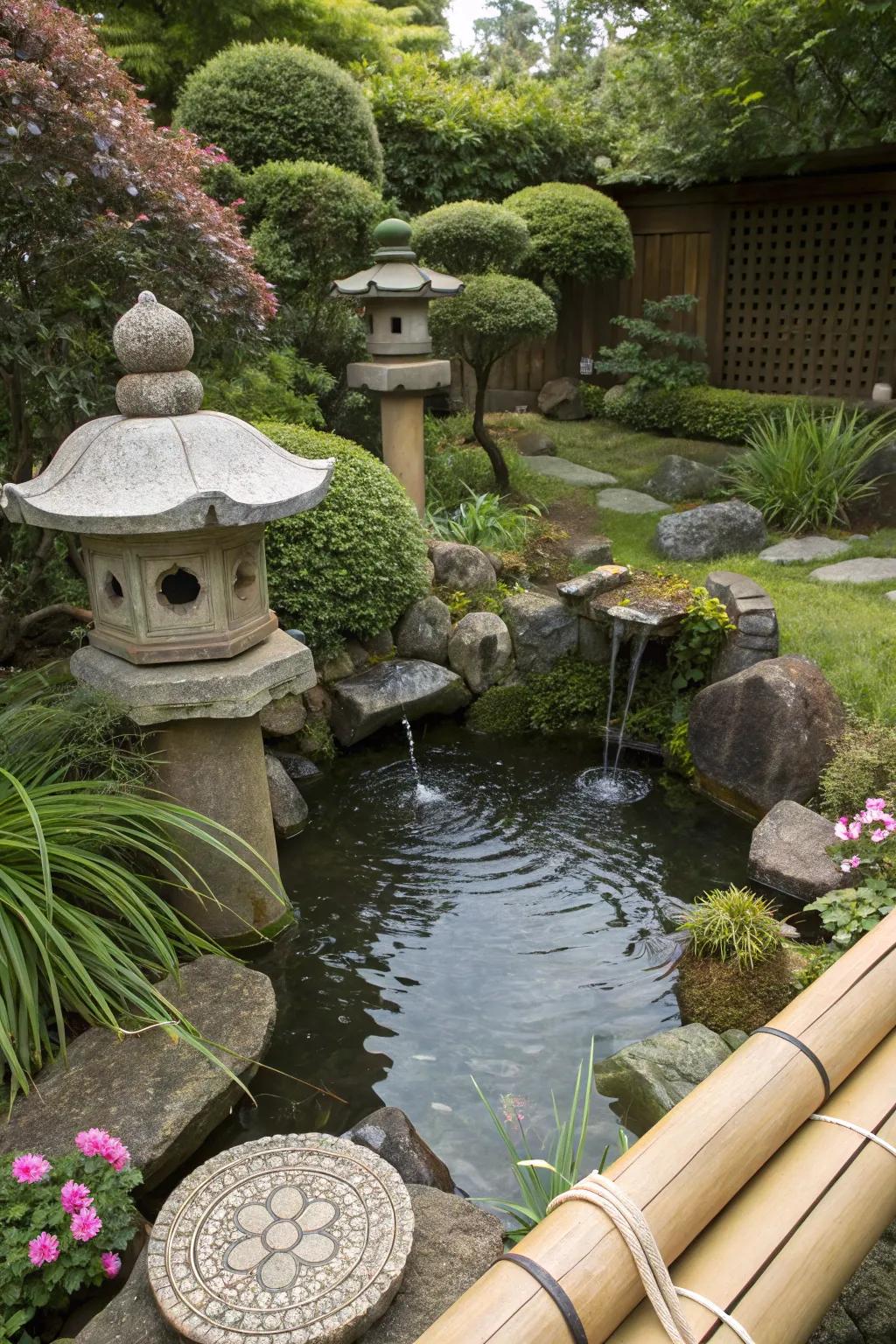 Eastern garden accents create peace in this above-ground pond complete with a waterfall.