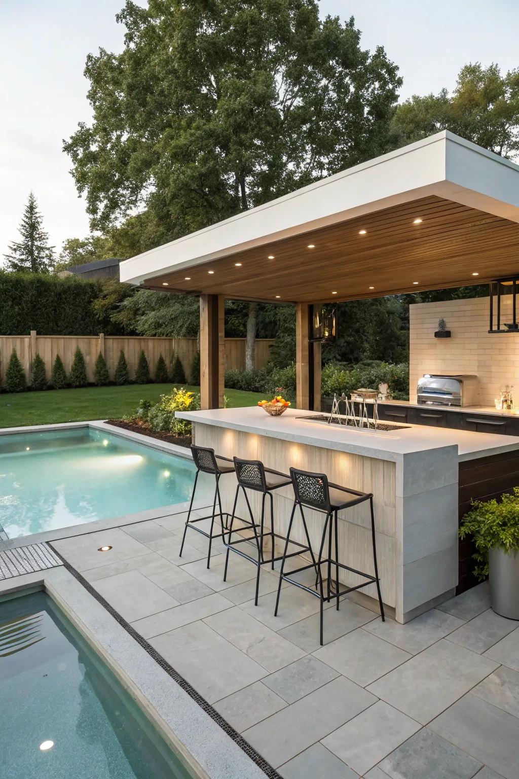 A built-in bar blends effortlessly with your pool, offering a sleek design.
