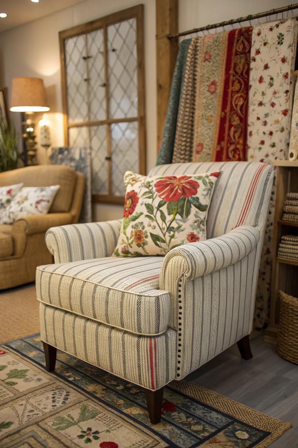 A banded chair paired with a blossom pillow includes visual interest.