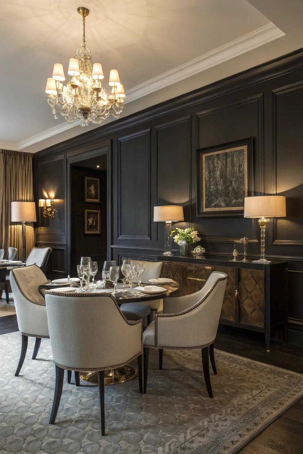 A dining room is enhanced with drama with a dark feature wall.