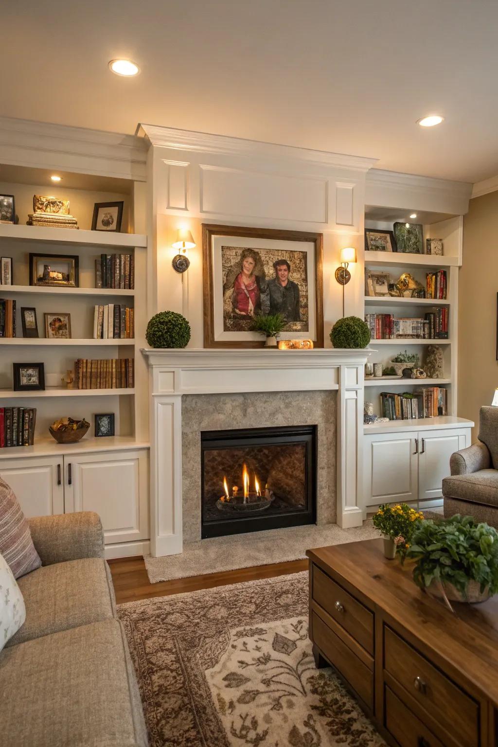 Built-in display niches frame the fireplace, offering both storage and style.