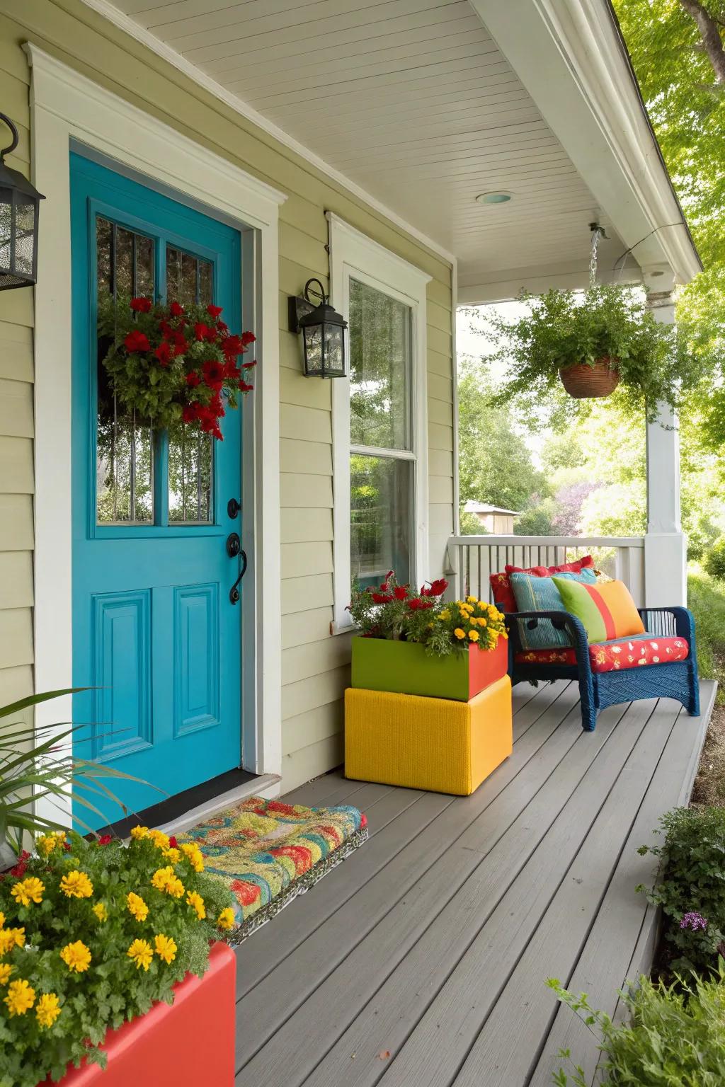 A vibrant front porch showcasing a cheerful color scheme.