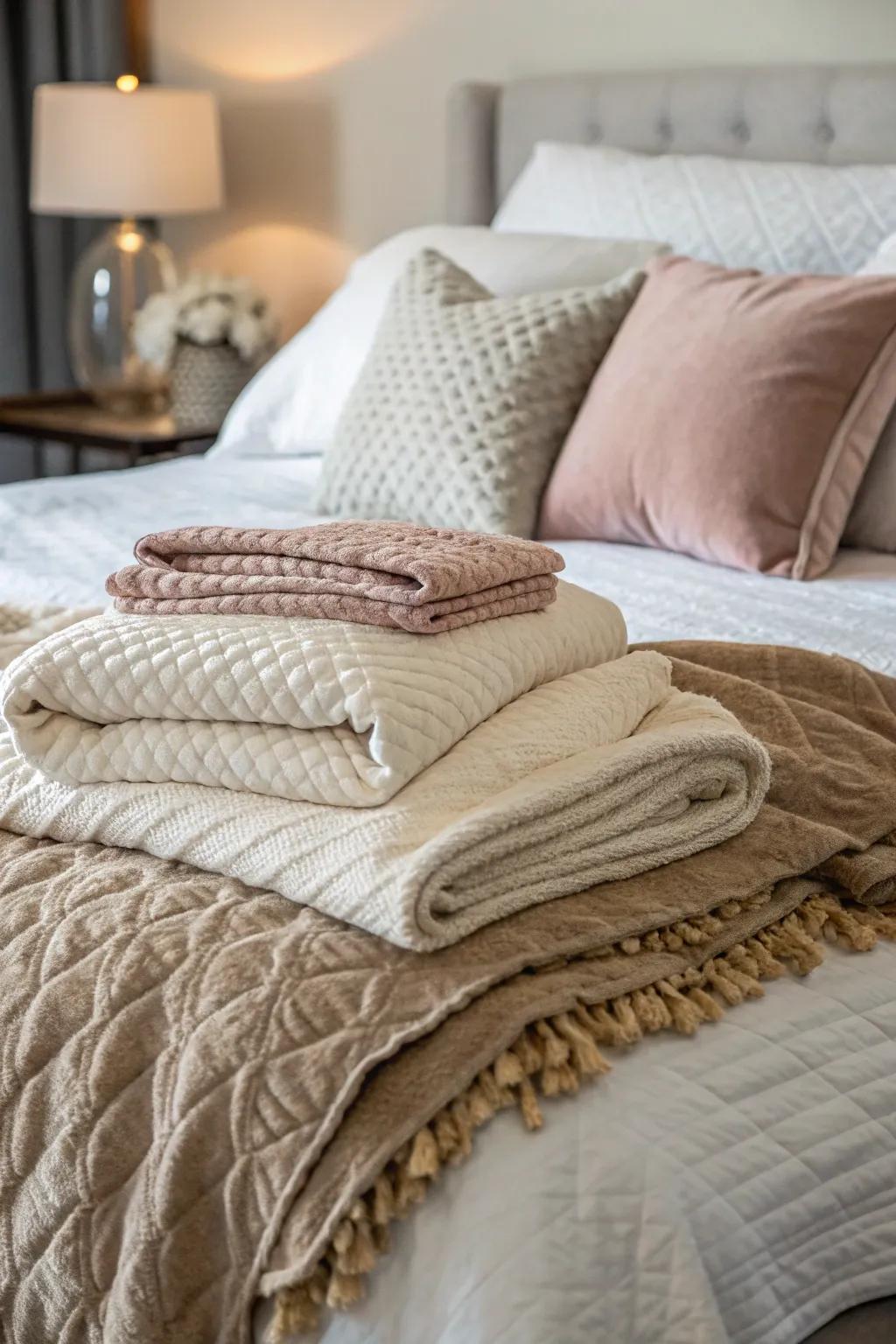 An inviting bed is created through the use of layered bedding with gentle textures.