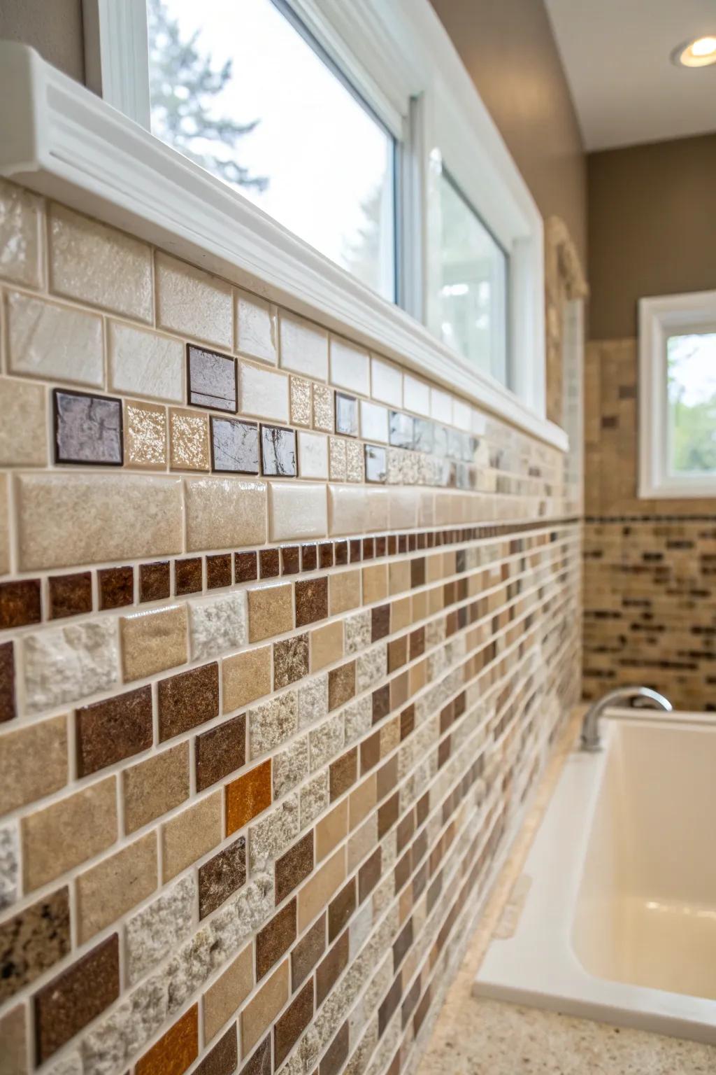 Combining materials such as porcelain and glass enriches your bathroom’s texture.