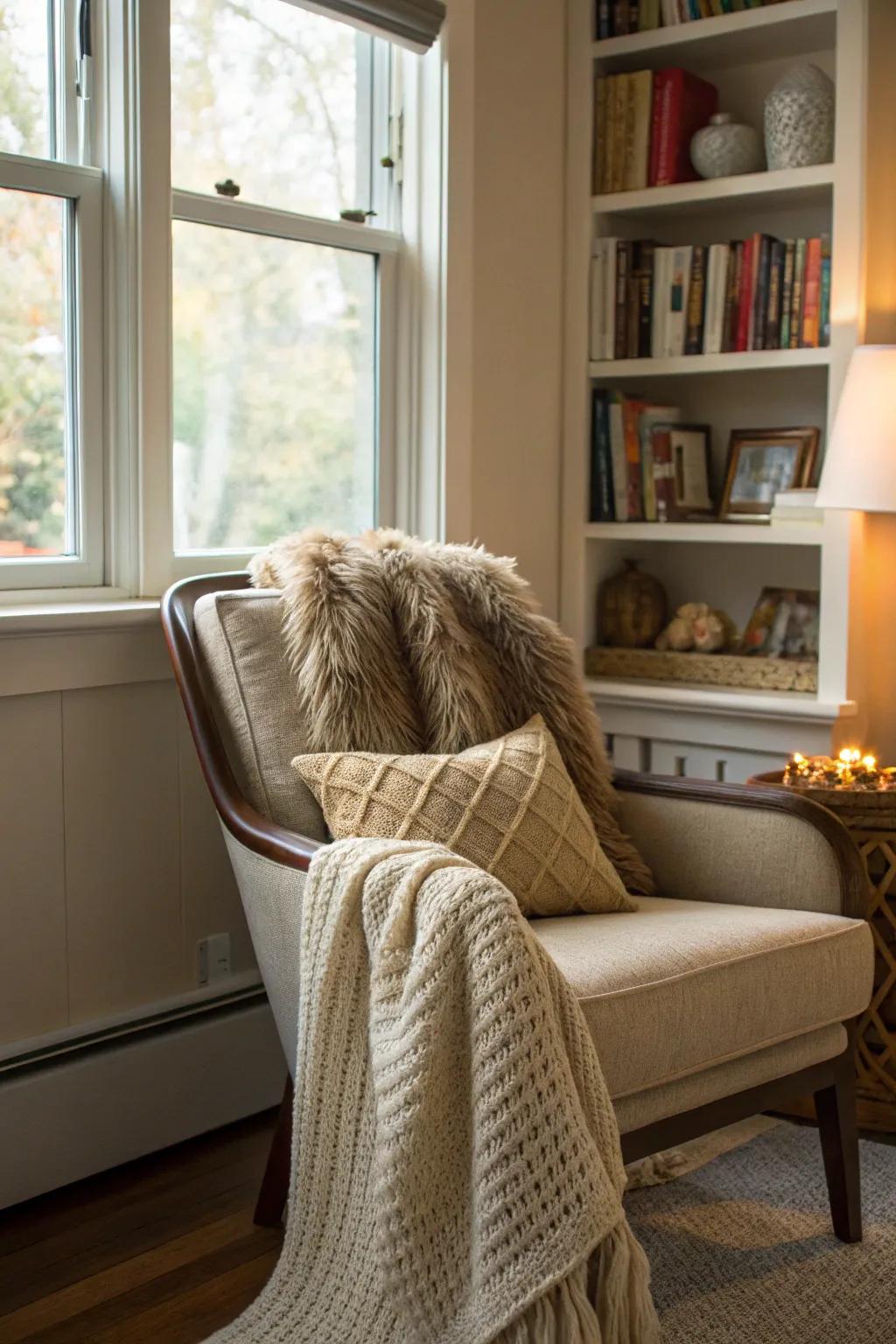 Textured throws and cushions providing a cozy winter feel