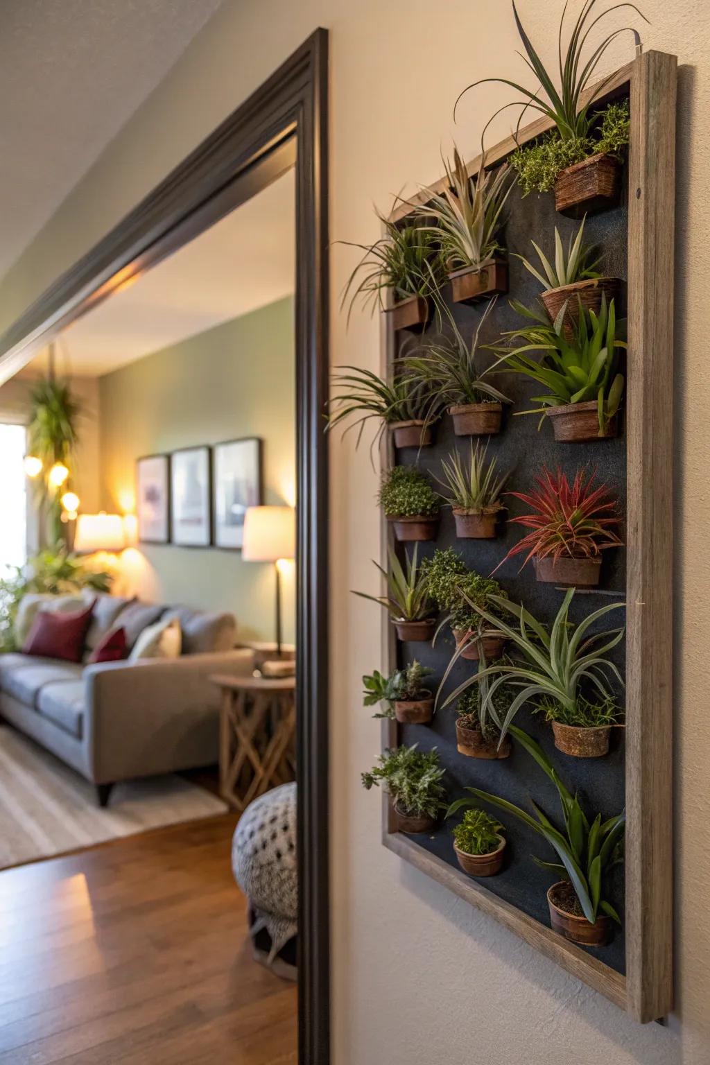 Living wall art made from a vertical air plant garden.