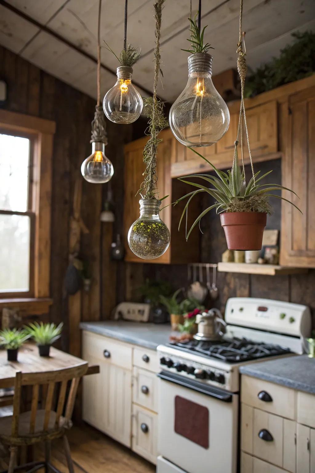 Air plants in upcycled light bulb pots.