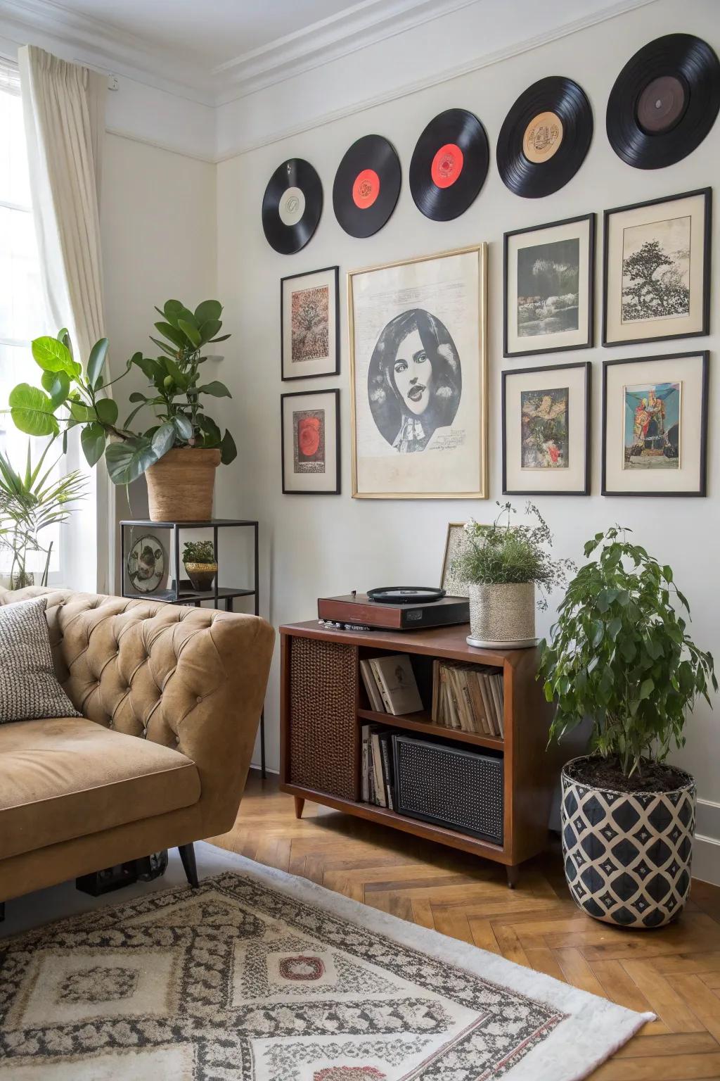 Vinyl records displayed thoughtfully with art and plants for a distinctive touch.