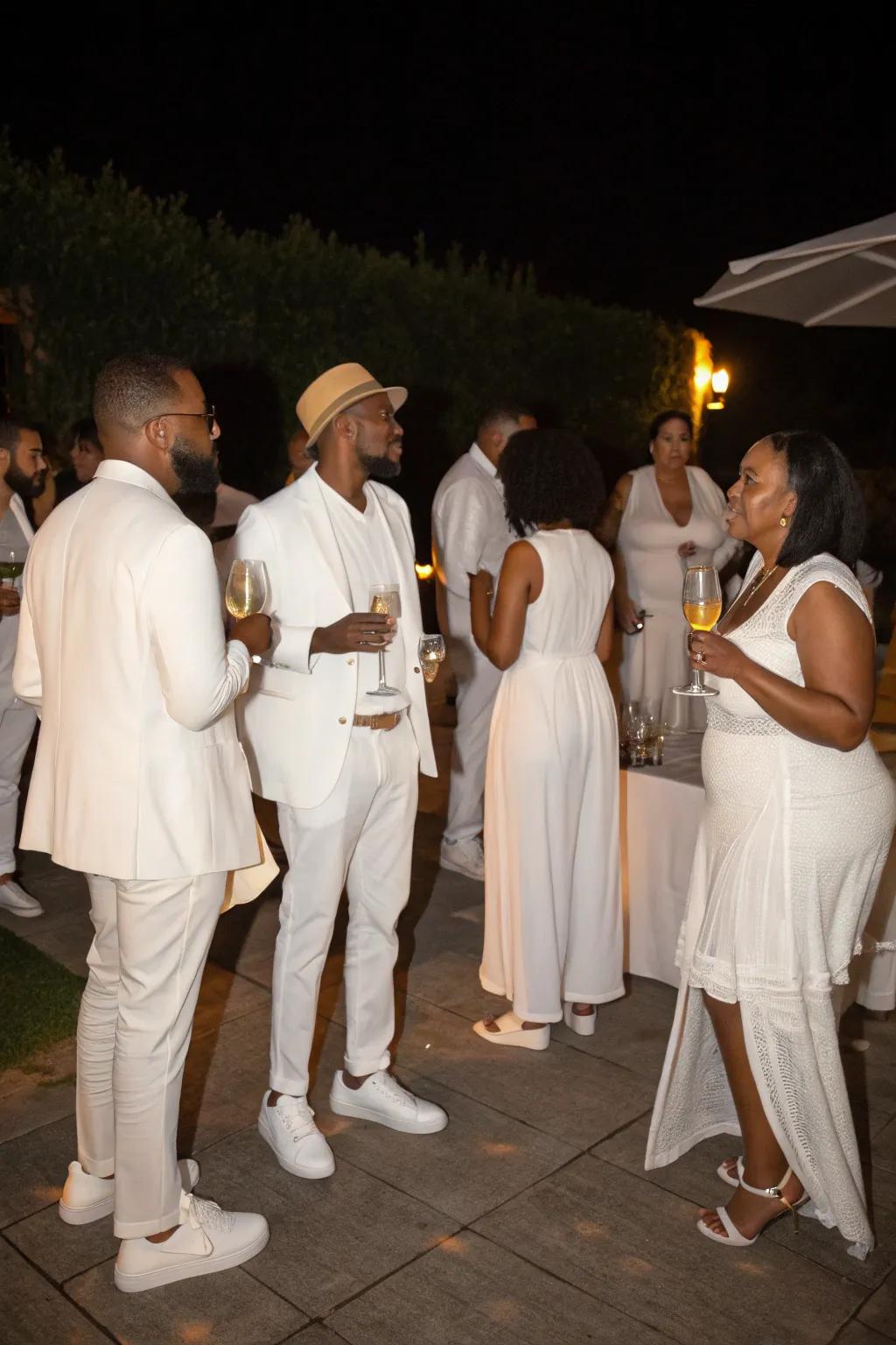 Guests in all-white clothing create a sophisticated and harmonious visual.