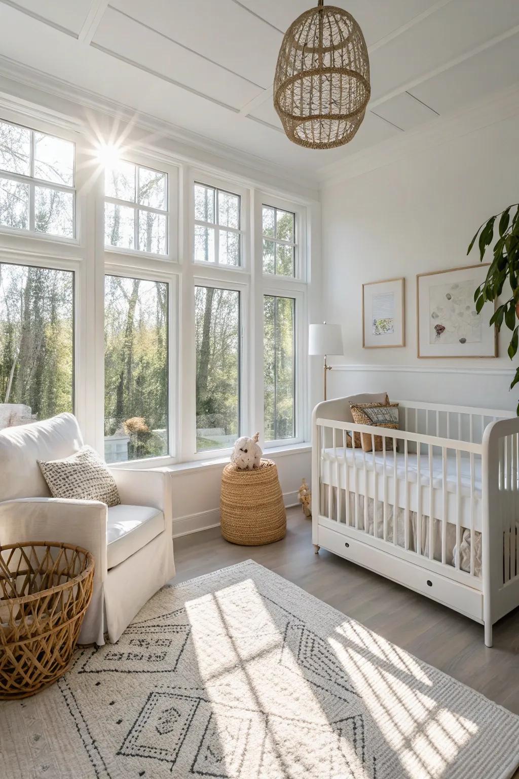 Sunlight bathes a tranquil white nursery, enhancing its breezy atmosphere.
