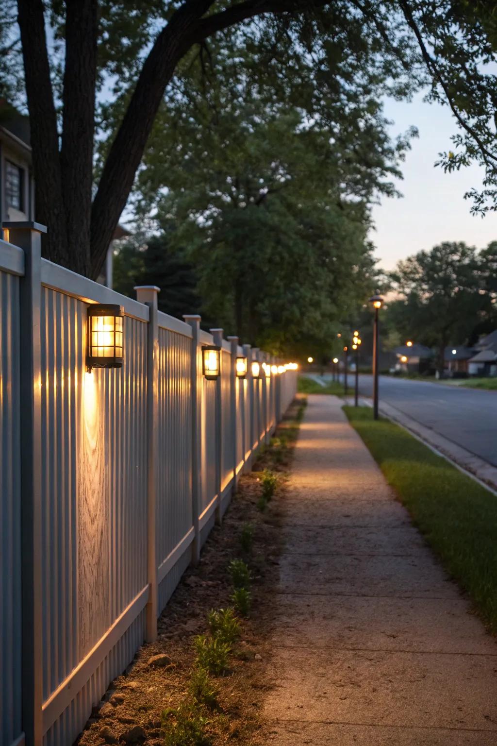 Decorative lighting brings ambiance to a sleek metal fence.