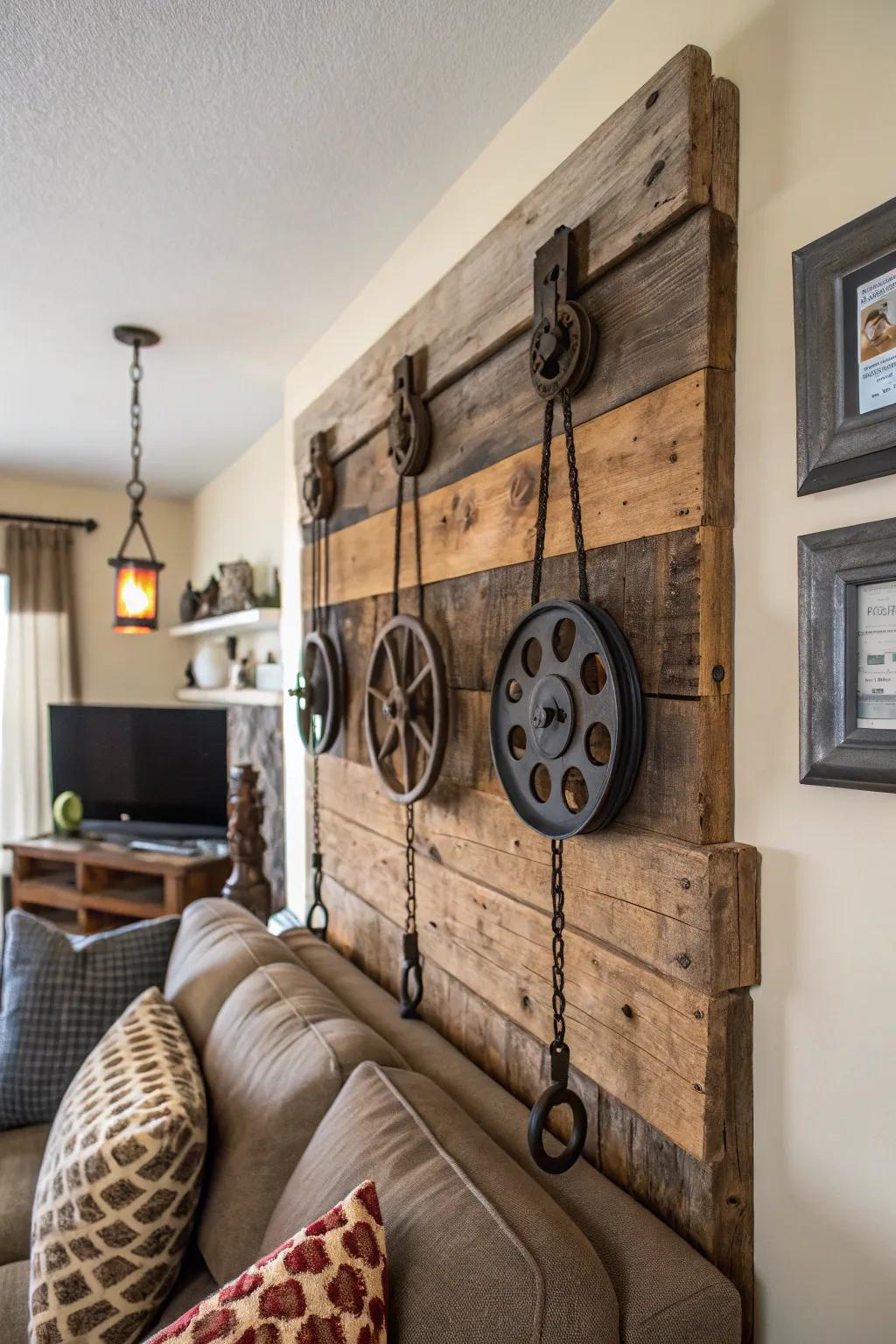 Vintage pulleys displayed as striking wall ornamentation.