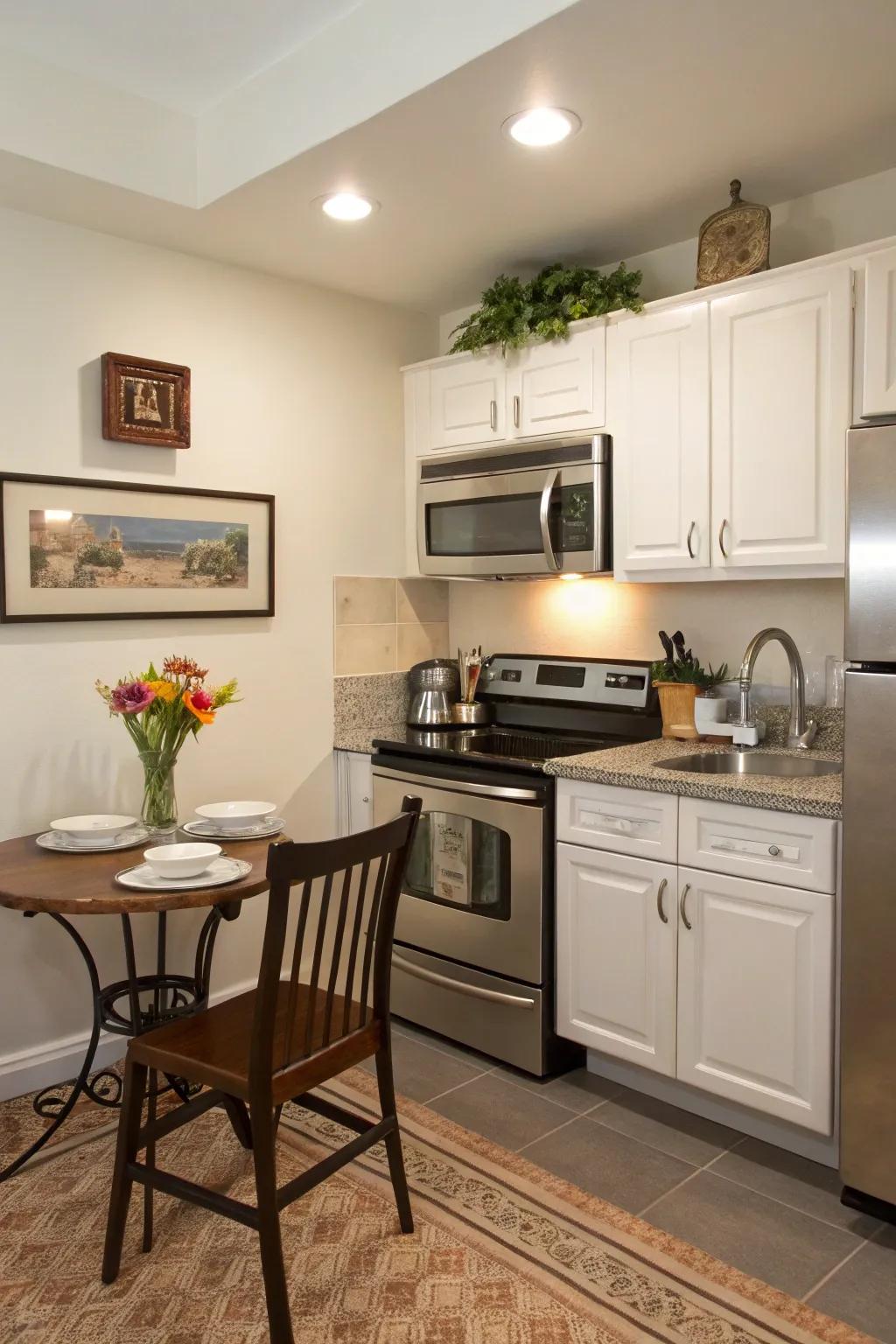 Small-scale appliances fit perfectly in a modern apartment cooking space.