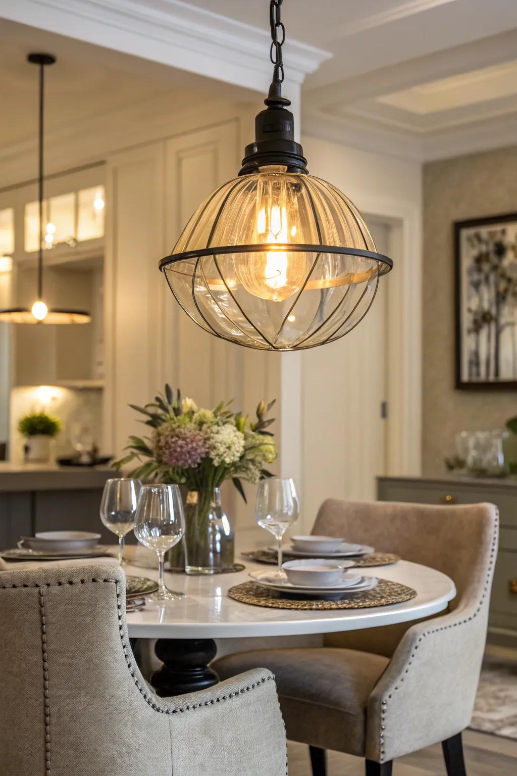 A dining space brought to life with a plug-in pendant light.